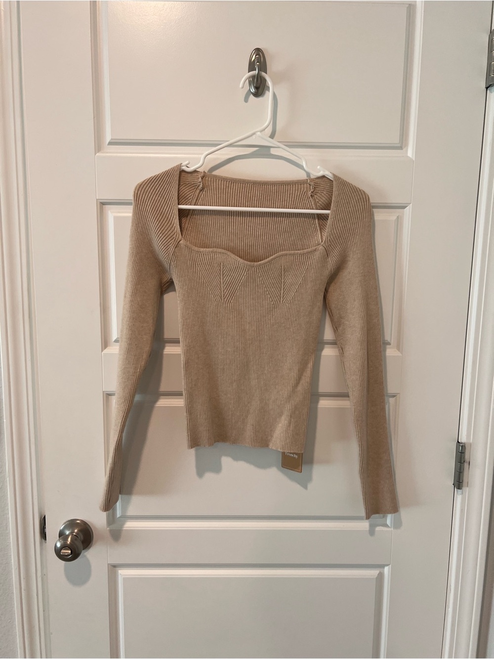 SHEIN Beige Ribbed Scoop-Neck Long Sleeve Top